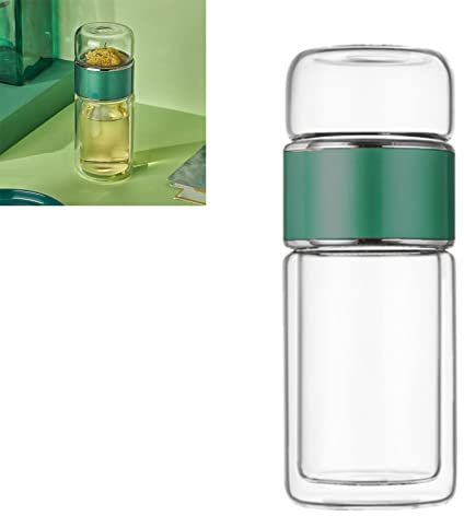 Tyenaza 420 ml Bouteille d'infuseur de thé, double couche en acier inoxydable Bouteille d'eau en verre, pour voyager à la maison (7 x 7 x 21,7 cm) (Grün)