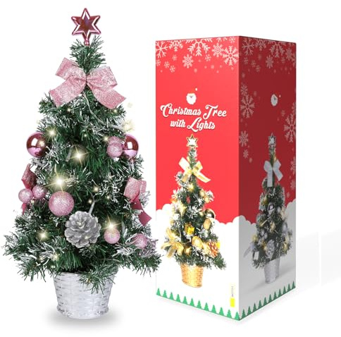 Lucoss 45cm Small Christmas Tree with Lights, Artificial Pink Christmas Tree with Pine Cones & Ball, Xmas Decorations for Shop, Home, Party, Holiday (Battery Not Included)