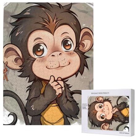 Monkey Art Printed Jigsaw Puzzle with Storage Box, Wooden Puzzle for Adults and Kids, 500 Pieces Family Fun Decorative Game