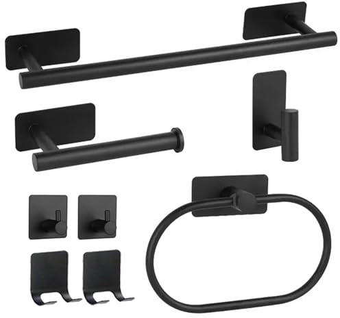 Linyoish 8 Piezas sin perforación de Accesorios de baño Barra de Toalla de Acero Inoxidable, Gancho de túnica, Anillo de Toalla, Soporte de Papel de Seda, Pequeños Ganchos, Soporte de Afeitar (Negro)