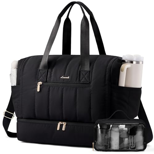 LOVEVOOK Reseväska Dam, Weekendväska, Stor Puffer Handbagage Reseväskor med Skofack & Våtfack, Klinikväska Förlossning, Sportväska, Travel Bag för Resor, Semester, Helg, Gym, svart, 70L-2PCS