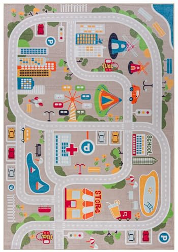 Mazovia Spielteppich Kinderzimmer 120x170cm Straßen Pflegeleicht rutschfest | Kinderteppich für Schlafzimmer Spielzimmer Jungen Maschinenwaschbar Allergikerfreundlich Tierfreundlich Kurzflor Synthetisch