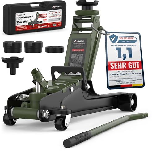 Wagenheber 2,5T extra flach – Hydraulischer Rangierwagenheber mit Transportkoffer, 3 Gummiauflagen & Adapter – Auto Wagenheber für PKW bis 2.500 kg (Olivgrün)