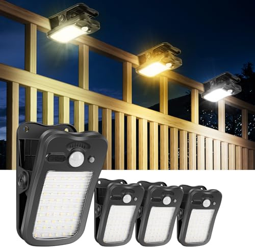 BlueYu 4 lampes solaires avec clip avec détecteur de mouvement, lampes solaires pour extérieur de 3 modes & 3 couleurs, 800lm, USB+Télécommande, Lampe solaire étanche pour balustrade, 4 Pièces