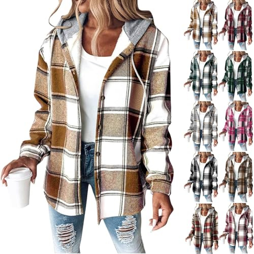 Générique Veste a Carreaux Femme Chaud Doublure Polaire Sweat à Capuche Manches Longues Hoodie Avec Boutons Automne Hiver Manteau D'hiver en Pour Tartan Laine Boutonnée Chemise Pelucheuse