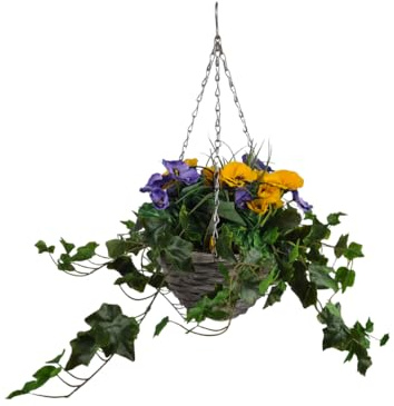 GreenBrokers Artificial Yellow & Purple Pansy with Ivy Vine in 25cm diameter Grey Wash Hanging Basket - Faux Silk - UV Protected