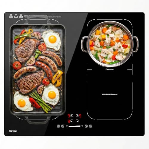 Topwish Plaque Induction 4 Feux, plaque à induction 2 zones flexibles,Table de Cuisson Encastrable 60cm, avec Booster, 9 Niveaux, Minuterie, Sécurité Enfant, Arrêt automatique,Maintien au chaud, 7200W