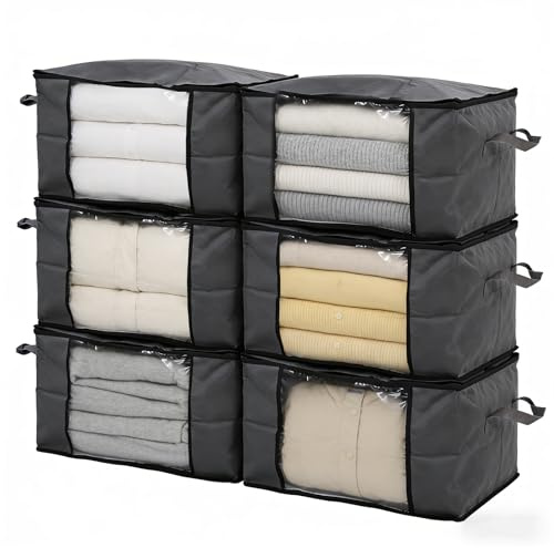 Sekey 6 Stück 60L Aufbewahrungstasche, Faltbare Kleiderschrank Organizer, Stoff-Aufbewahrungsbox mit Doppelreißverschluss und Deckel, Groß Bag für Kleidung, Bettwäsche, Umzug, 55x35x31.5cm, Grau