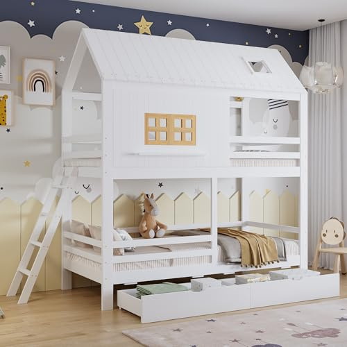 Idemon Letto a castello con bella finestra e baldacchino, robusta rete a doghe e scaletta e due grandi cassetti. Materiale: legno di pino, MDF e compensato, bianco e naturale. 90 x 200 cm.