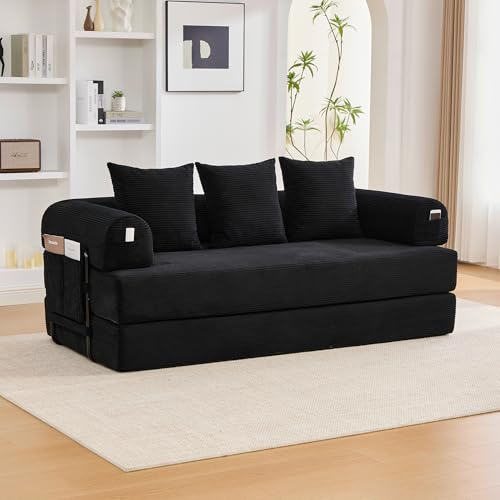 FammyLoft Vollkomprimiertes Ecksofa mit Schlaffunktion, Modulares Sofa mit Robustem Metallrahmen, Cloud Couch mit 3 Kissen, Schlafcouch, für Wohnzimmer/Schlafzimmer, Corduroy, 200cm, Schwarz