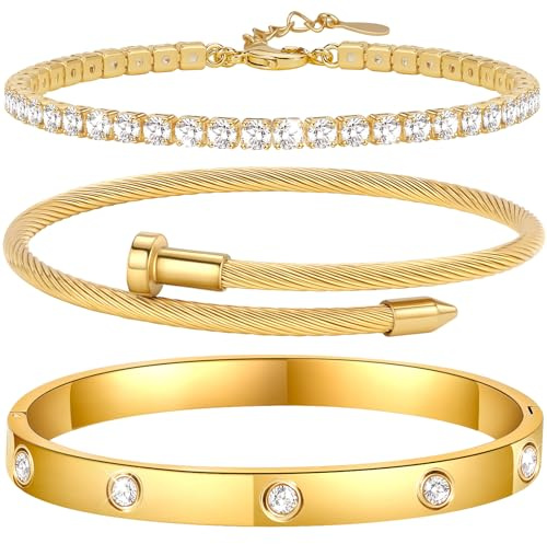 Ahokei 3PC Armband Damen Gold Armband Wasserfest,18K Gold Edelstahl Armbänder Damen Armkette Vergoldet Set, Geschenk für Frauen Mama Ehefrau Tochter Freund,17+3CM