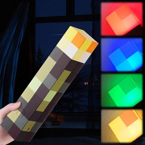 Nzkeuf Pixelated Torch Night Light, 4 Color Rechargeable USB Powered Led Night Light, Handheld & Wall-Mounted Night Lamp, 2 in 1 Costume Cosplay Lamp & Room Decor, Gift for Gamers and Tech Lover