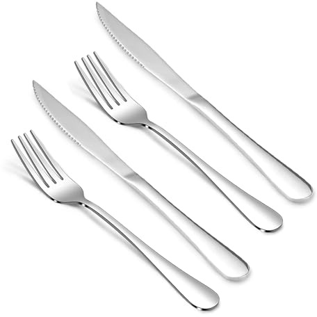 HornTide 12-Piece Stainless Steel Flatware Set - 6X Steak Knives, 6X Dinner Forks | Mirror Polished, Dishwasher Safe, Ideal for Home, Kitchen & Restaurant