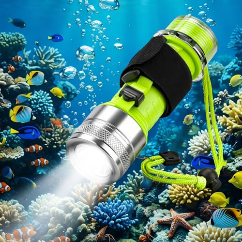 FISHOAKY Torcia subacquea ricaricabile, 1500 lumen, IPX8, impermeabile, torcia a LED, 3 modalità subacquee, luce subacquea notturna, per sport acquatici all'aperto (argento)