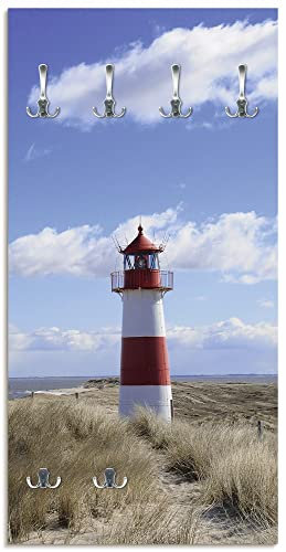ARTLAND Wandgarderobe Garderobenpaneel Holz mit 6 Haken 60x120 cm Design Garderobe mit Motiv Strand Meer Gräser Nordsee Leuchtturm Sylt T9ML