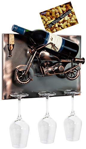 BRUBAKER Weinflaschenhalter Motorrad - Wall Art Bild Metall - mit 3 Glashaltern - inklusive Grußkarte für Weingeschenk
