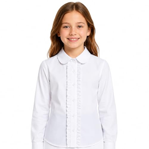 Bienzoe Girls School Uniform Shirt: Kids Summer Ruffle Button Down Long Sleeve Cotton Oxford Blouse White M