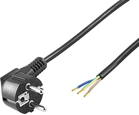 Schutzkontaktkabel abgewinkelt | 3m | zum Konfektionieren | Schutzkontaktstecker (Typ F, CEE 7/7) > lose Kabelenden | mit angepressten Aderendhülsen | Stromkabel Netzkabel | Schwarz | 3 Meter