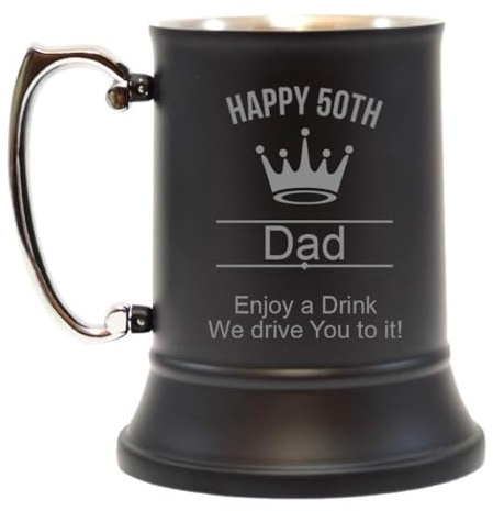 Personalised Crown Engraved Stainless Steel Pint Tankard | Black Beer Tankard Glass | Customised Gift for Birthdays Weddings Retirements | Personalise with Any Occasion, Name and Message, 500 ml