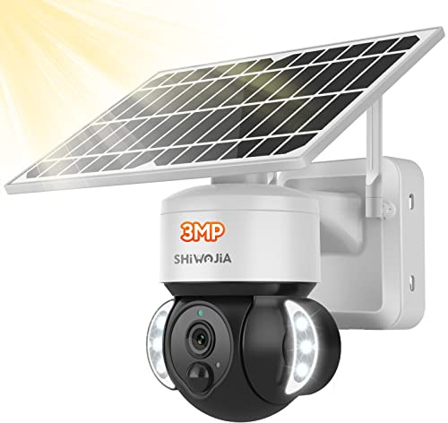 SHIWOJIA Camera ptz WiFi exterieure Solaire Caméra IP sans Fil Extérieure sur Batterie 12000mAh, Double Détecteurs PIR Radar, Vision Nocturne en Couleur, Audio Bidirectionnel IP65 Étanche, Noir