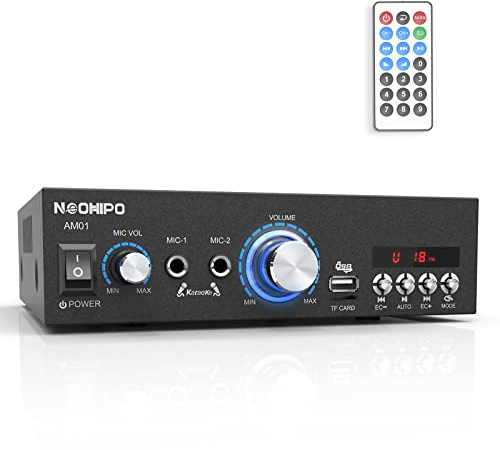 Amplificatore Audio Bluetooth, NEOHIPO AM01 2.0 canali Hi-Fi Karaoke Amp 300W Potenza Ricevitore Rtereo per Casa Altoparlanti Passivi, con RCA/BT/FM/USB/TF Card, 2 Ingressi Microfonici e Telecomando