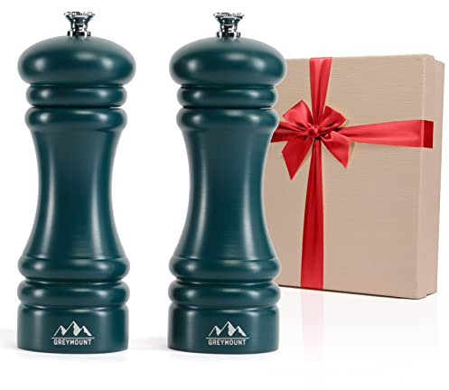 GREYMOUNT ® Salz und Pfeffermühle Holz Grün mit Premium einstellbarem Edelstahl-Mahlwerk | Geschenkidee Gewürzmühle Set Manuell (17 cm, 2 Stück)