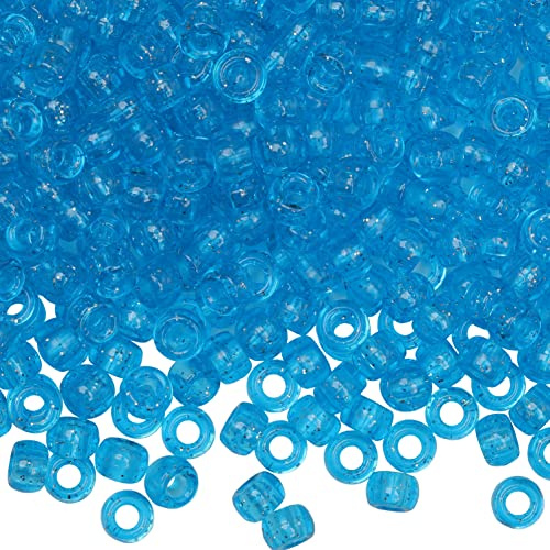 Auvoau 1 000 st ponnypärlor armband 9 mm blå glitter plast tunna ponny pärlor för halsband, hårpärlor för flätor, nyckelring, smyckestillverkning (blå glitter)