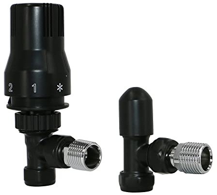 Warmehaus Black Angled Thermostatic Radiator Valve and Lockshield | Solid Brass, 15mm Inlet, 1/2” BSP MI Outlet, TRV