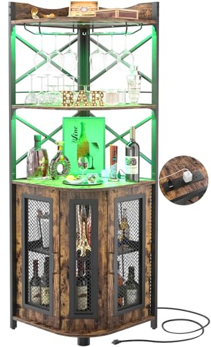 Aheaplus Armadietto angolare da bar con presa di corrente, armadietto industriale per vino con striscia LED e supporto per vetro, armadietto per liquori a 5 ripiani, per casa, vetrina angolare per