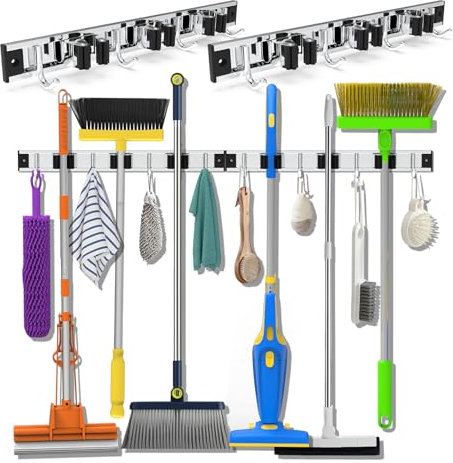 3-H 2 Pack Wall Mounted Stainless Steel Broom Organizer, Self Adhesive Brush Holder, 38cm for Home, Kitchen, Garden, Laundry, Garage