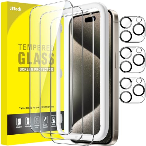 JETech Skärmskydd för iPhone 15 Pro Max 6,7 Tum med Kameralinsskydd, Bubbelfri, Enkelt Installation Verktyg, Screen Protector Härdat Glas Film, HD Klar, 3-Pack Varje
