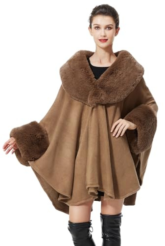 BEAUTELICATE Kunstpelz Poncho Cape Damen Strickjacke Strickstola Winter Mantel mit Kunstfellkragen für Hochzeit Weihnachten Abendkleid,Khaki