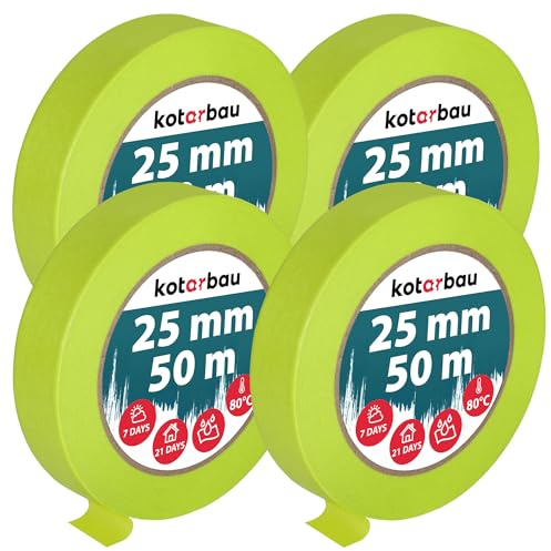 KOTARBAU® 4er Set Neon Malerkrepp 50 m Kreppband 25mm Malerband Abklebeband Maler Klebeband Maler Zubehör Fluoreszierendes Grün Kreppapier Malerbedarf