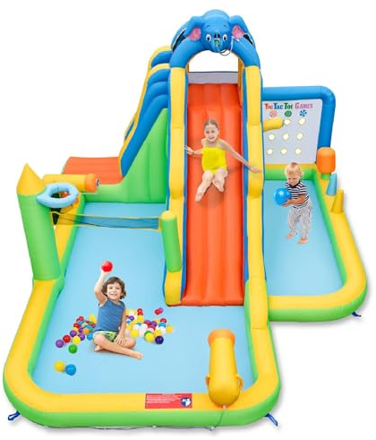 Maxmass Inflatable Bouncy Castle, Kids Water Park with Slide, Climbing Wall, Basketball Hoop, Ring Toss, Water Cannon, Outdoor Bounce House for 3+ Years Old (Elephant Themed)