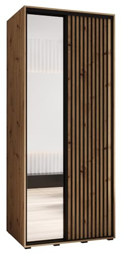 MEBLE KRYSPOL Sapporo 2 Moderner Schrank mit Zwei Schiebetüren mit Spiegel, Stange, Regalen - Aufbewahrungsschrank für Schlafzimmer, Wohnzimmer - 205,2x110x60 cm - Artisan Artisan Schwarz
