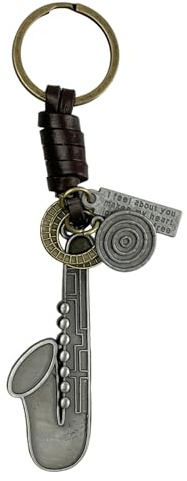 Porte-clés Saxophone argenté - Porte-clés d'instrument de musique avec phrase motivante - Accessoire en métal avec chaîne en cuir pour amateurs de musique, musiciens et saxophonistes - Porte-clés
