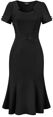 Allegra K Women Vintage 50s Retro Cocktail Office Mermaid Midi Dress | Business Elegant Work Cocktail Short Sleeve Fishtail Hem Dress