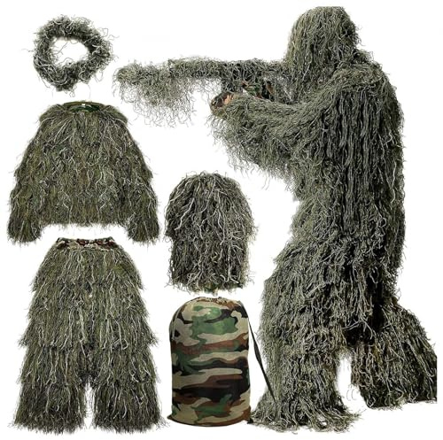 HAZARA 5 in 1 Ghillie Suit for Men Ropa De Caza De Camuflaje 3D Disfraz De Arbusto Incluyendo Chaqueta,Pantalones,Capucha,Bolsa De Transporte para Militares, Francotiradores Airsoft,Forestgreen-Kids