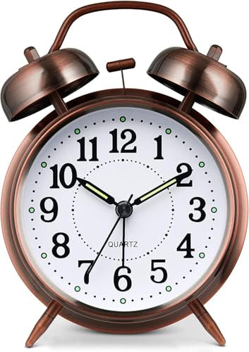 Sveglia forte per adulti che dormono pesanti, sveglia in metallo con doppia campana da 10 cm, funzionamento a batteria, per camera da letto, silenziosa, senza ticchettio, regalo per il rientro a