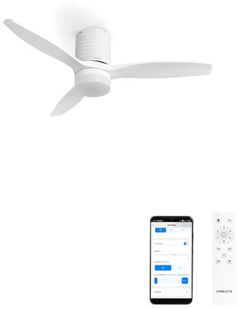 CREATE / WINDCALM LINE/Ventilateur de plafond blanc avec lumière, Wifi et télécommande, lignes horizontales / 40W, Ø132 cm, 6 vitesses, 3 températures de lumière, minuterie, fonction été-hiver
