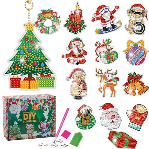Croloutoy 15 PCS Weihnachtsthema Schlüsselanhänger Diamond Painting Kinder ab 5 6 7 8 9 10 Jahre Bastelset Kinder Basteln Mädchen 5-10 Jahre Weihnachts Geburtstag Geschenk Gem Mädchen Jungs