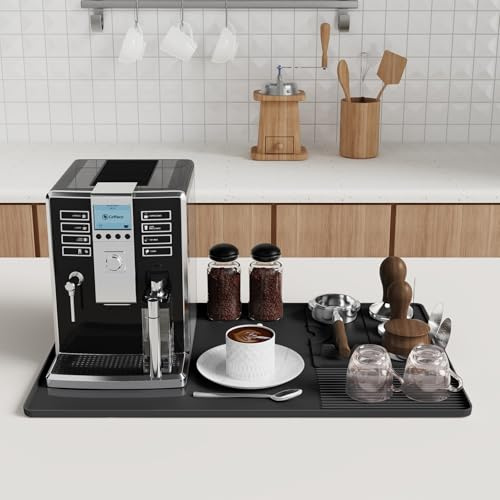 Abtropfmatte Geschirr, 40x60cm Unterlage Kaffeemaschine Matte Silikonmatte mit Tamping Matte Trockenmatte Hitzebeständiges Rutschfeste, Abtropfmatte Kaffeematte, Tampermatte (Schwarz, 1 Set)