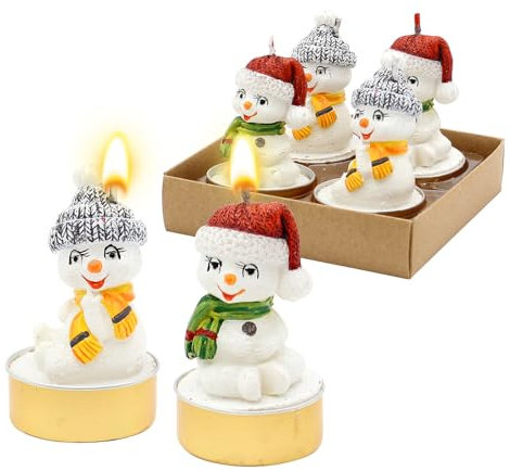 Dekohelden24 Teelicht - Kerzen, Figurenkerze, Schneemannkerze,Teelichtkerzen als Schneemann als 4er Set in weiß mit bunten Mützen, Lieferumfang 4 Kerzen, Maße je Schneemann 4 x 4 x 6 cm.