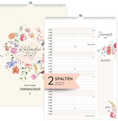 heaven+paper Wandkalender 2027 2 Spalten Blumen Jahreskalender 2027 A4 | Jahresplaner 2027 mit Feiertagen, Schulferien, KW, Mondphasen - Wandplaner 2027 für 1 bis 2 Personen, made in Germany