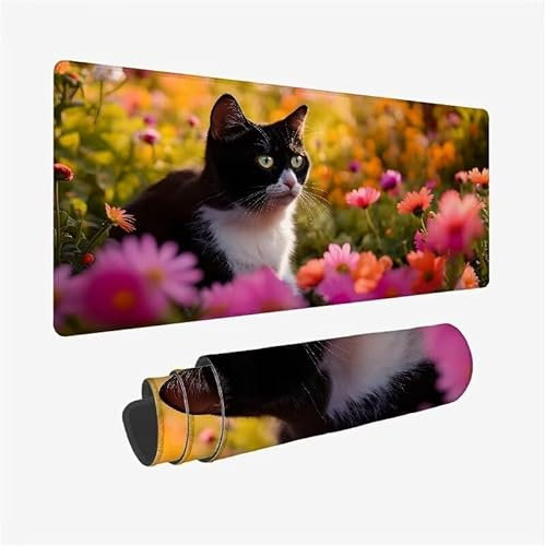 Mousepad Blume,Mousepad Gaming XXL 600x300x3mm,Verlängertes Großes Mauspad Katze,Schreibtischauflage,Genähte Kanten Mauspad,Wasserdicht,rutschfeste Gummibasis,für Home Office,Männer Geschenke YX-338