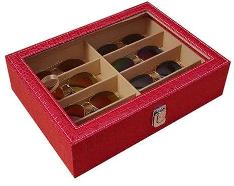 MNBFC Brillenbox Leder-Sonnenbrillen-Aufbewahrungsbox, Multi-Gitter, große Kapazität, Sonnenbrillen-Aufbewahrungsbox, Schmuck-Display-Sammelbox Brillenkoffer(Red pu)