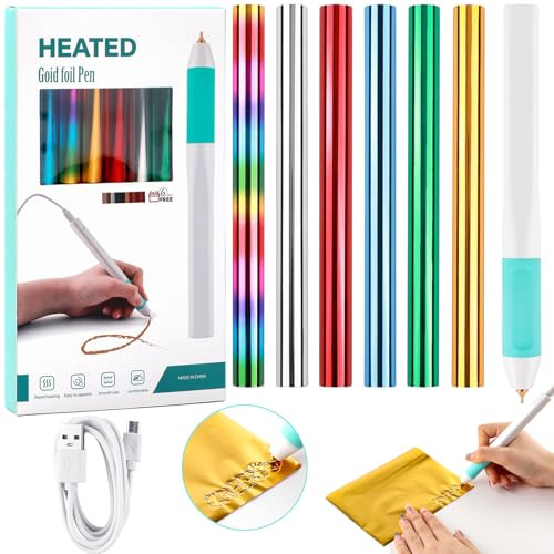Hot Foil Roll & Hot Heated Foil Pens Set, Foil Quill Tool Freestyle Starter Kit, Includes 1 USB Heat Foil Pen and 6 PCS 5.9inch x 4.26feet Glimmer Foil Rolls for Card Making Craft Projects 0.8mm Tips