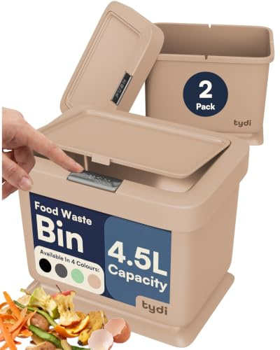 Tydi 4.5L Food Waste Bin 2 Pack with Press-Button Lid, Taupe | Kitchen Compost Caddy · Anti-slip Base · Secure Closure · Sits in A Cupboard or on The Countertop