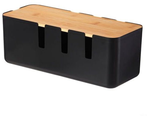 Entgoinggo Kabelmanagementbox, Kabelbox mit Holzdeckel, ABS-Organizer, Aufbewahrung, kindersicher, Wärmeableitungsschlitze, 30,4 x 12,3 x 11,6 cm, Schwarz