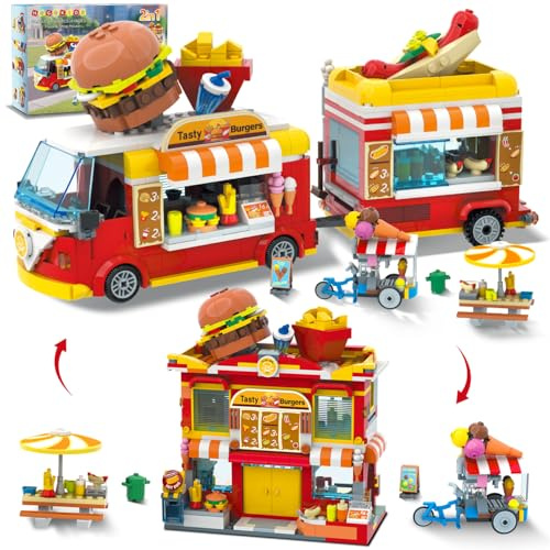 HOGOKIDS City Jeu de Construction Camion Hamburgers pour Enfants et Adultes | Ensemble de Blocs 2 en 1 Camion Hamburgers et Restaurant Chariot Mobile pour Glaces Tables chaises 826 pièces, 6-12+ garçons